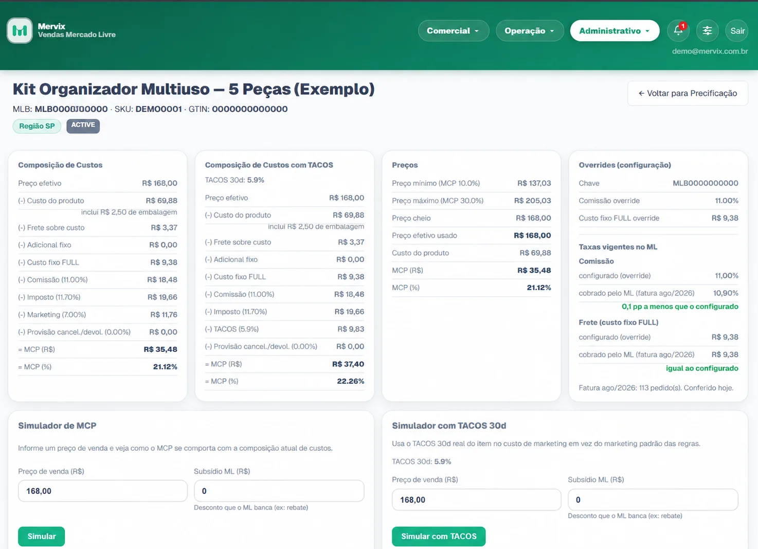 Tela de precificação do Mervix com composição de custos, margem de contribuição e simuladores de preço