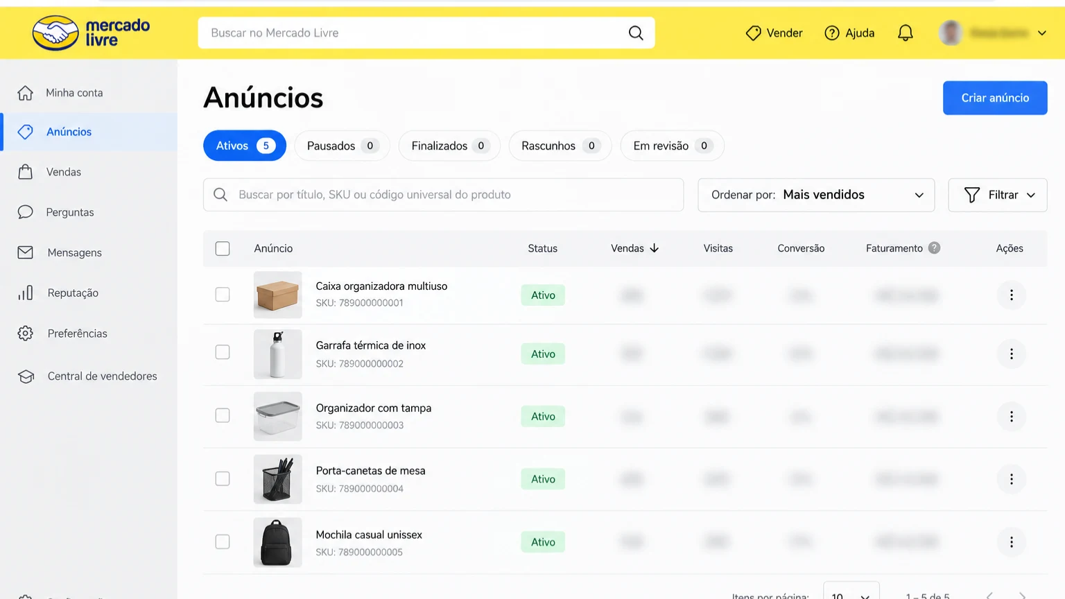 Tela de lista de anúncios do Mercado Livre ordenada por mais vendidos