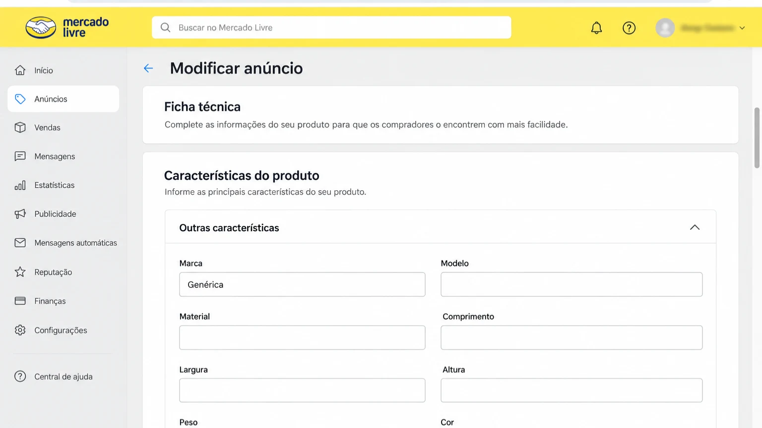 Tela de edição do anúncio com a seção de ficha técnica aberta e campos vazios visíveis