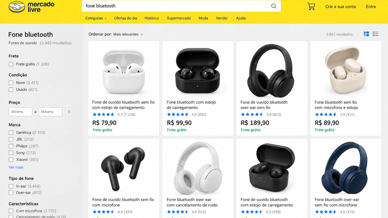 Tela de busca do Mercado Livre como comprador, com a coluna de filtros da categoria aberta