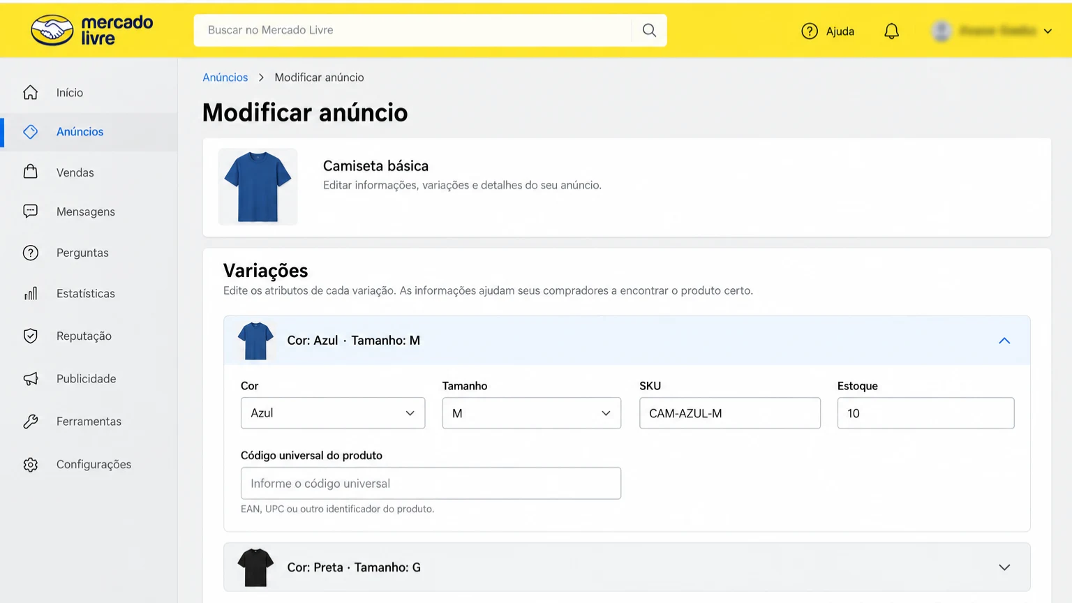 Tela de variações do anúncio com os atributos de uma variação abertos