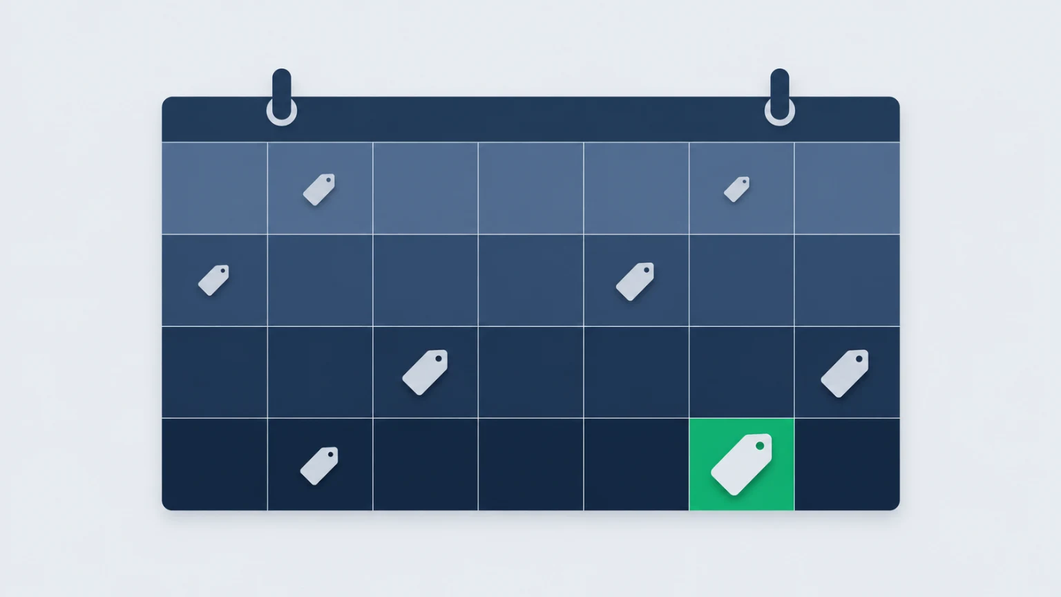 Calendário mensal estilizado com quatro blocos de semanas, cada um mais escuro que o anterior, e um único dia destacado